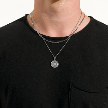 Silver compass pendant necklace set with two round pendants on chain collars