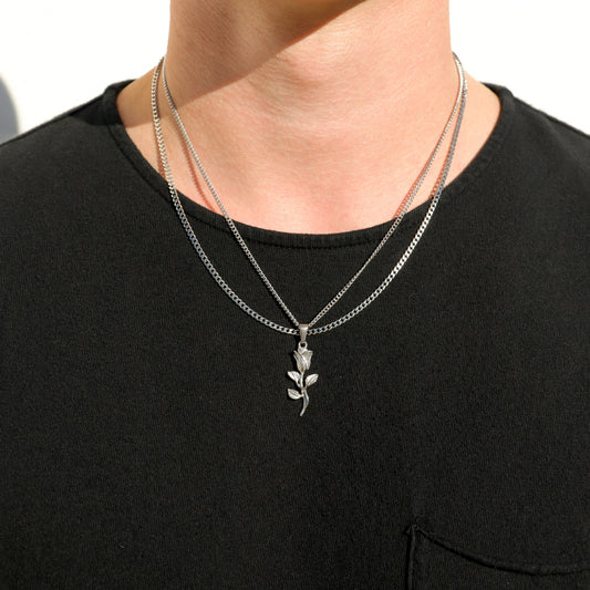 Silver cuban link chain necklace set with rose floral pendant charm, double chain