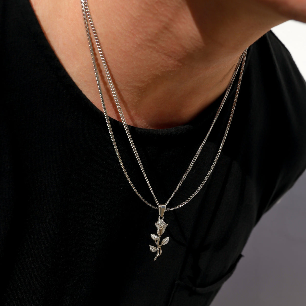 Rose Pendant Necklace & Cuban Link Chain Set | Gold or Silver
