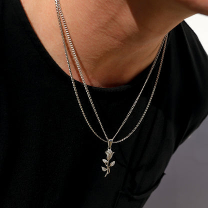 Rose Pendant Necklace & Cuban Link Chain Set | Gold or Silver