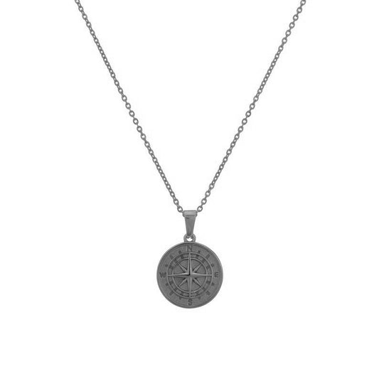 Silver compass pendant necklace with round North Star emblem and chain