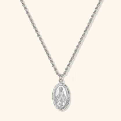 Silver rope-chain pendant necklace with oval Virgin Mary medallion