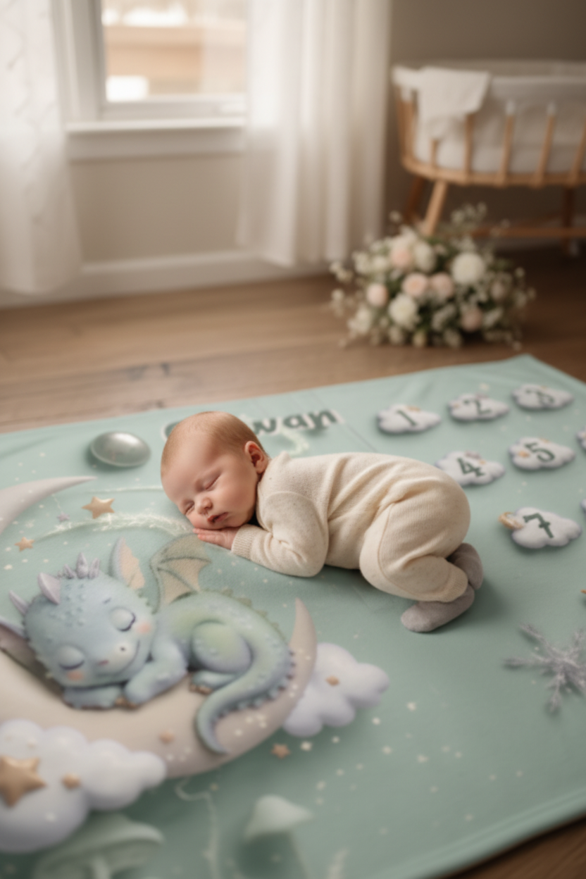 Mint baby milestone blanket on floor with sleeping dragon, clouds, and numbered month patches