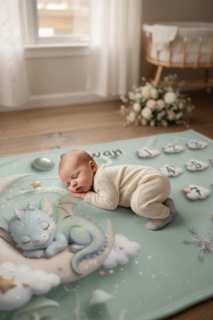 Mint baby milestone blanket on floor with sleeping dragon, clouds, and numbered month patches
