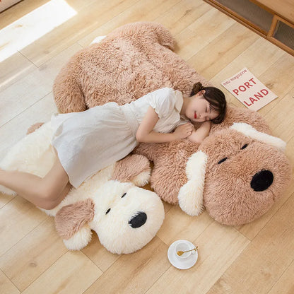 Brown plush puppy dog-shaped area rug with white muzzle and paws
