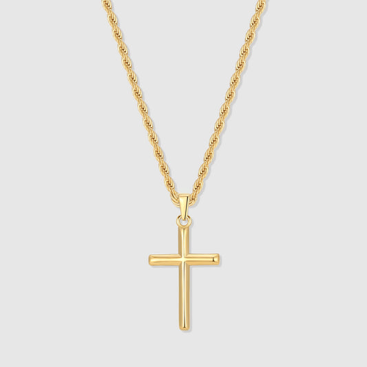 Gold-tone cross pendant on chain, small vertical cross charm