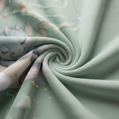 Mint baby milestone blanket with sleeping dragon and moon graphic, curled fabric edge