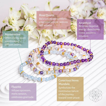 Laid-flat gemstone bracelet pack with amethyst purple, rose, and aquamarine blue strands