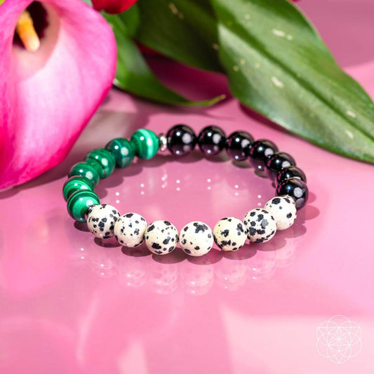 Gemstone beaded bracelet: green malachite, black obsidian, white dalmatian jasper beads
