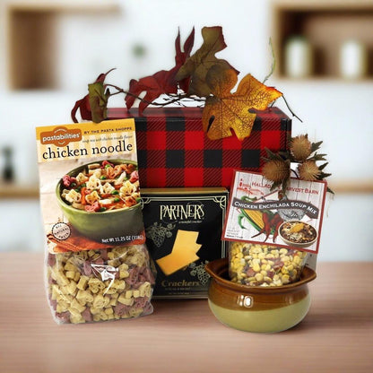 Soup gift box with red-and-black plaid wrap, soup mix packet, noodle packet, and cracker tin