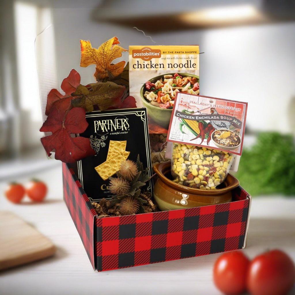 Soup gift box in red-and-black plaid box with chicken noodle and chicken enchilada soup packets