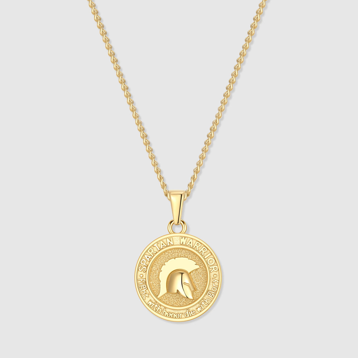 Gold Spartan warrior pendant necklace with round coin pendant and cable chain.