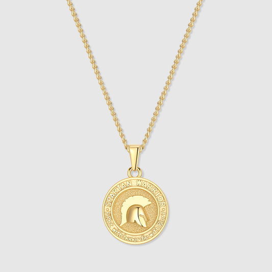 Gold Spartan warrior pendant necklace with round coin pendant and cable chain.