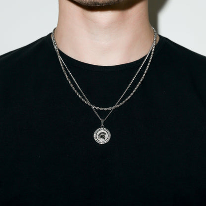 Silver-tone chain necklace with round Spartan warrior emblem pendant