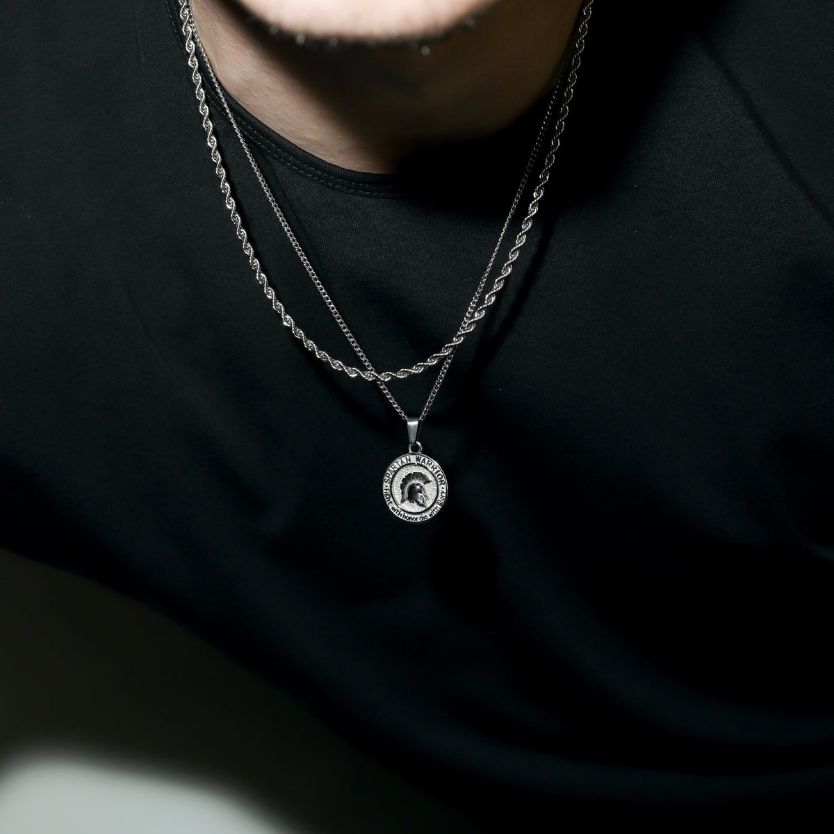 Silver-tone double chain necklace with round Spartan emblem pendant
