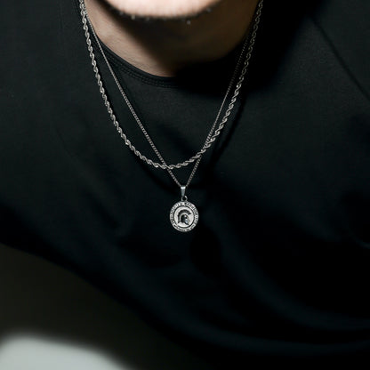 Silver-tone double chain necklace with round Spartan emblem pendant