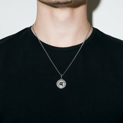 Silver Spartan warrior pendant necklace with round coin pendant and cable chain.