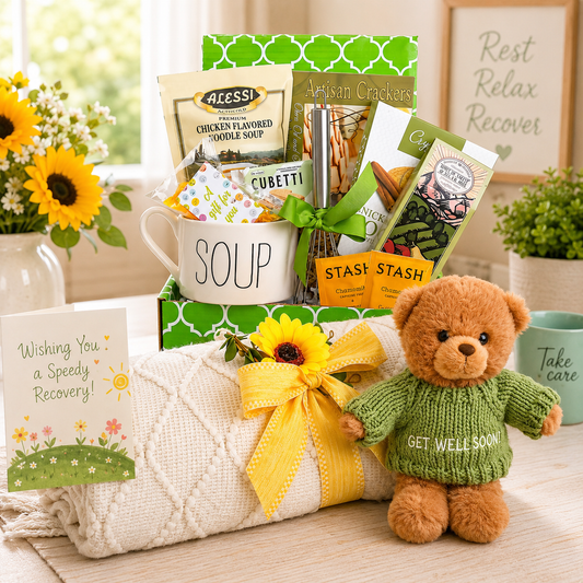 Cozy gift box with mug, assorted snack packets, plush teddy bear in green sweater