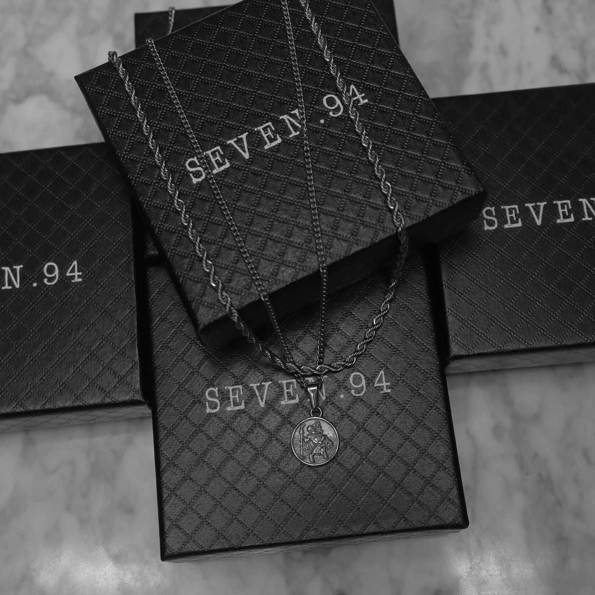Silver rope necklace set in gift boxes with Saint Christopher medallion pendant