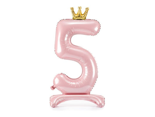 Pink number 5 standing foil balloon with gold crown topper