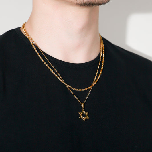 Gold Star of David pendant set with two layered chains and star charm