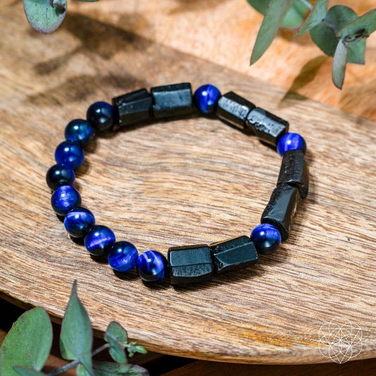 Blue and black beaded aura protection bracelet with rectangular stone segments