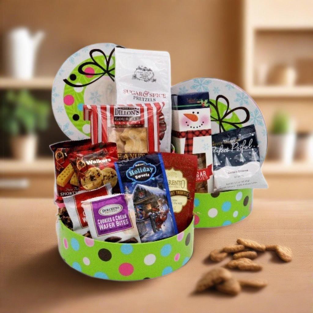 Holiday snack gift tower with polka-dot container holding wrapped cookies and pretzels