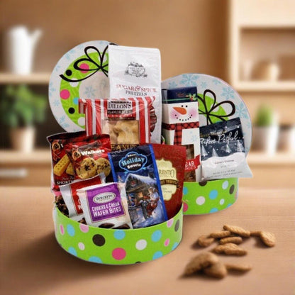 Holiday snack gift tower with polka-dot container holding wrapped cookies and pretzels