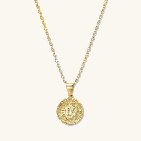 Gold vermeil pendant necklace with round sun medallion charm and cable chain