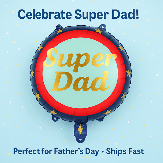 Super Dad round balloon with red border, blue star accents, and gold 'Super Dad' script