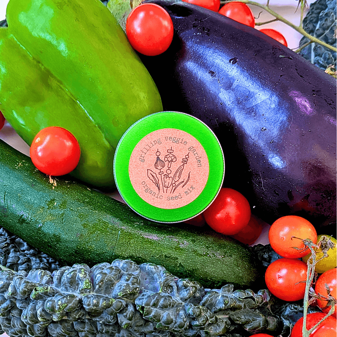 Vegetable grilling seed mix tin with green lid and circular label