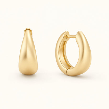 Gold-filled teardrop hoop earrings with hinged post, glossy teardrop drop profile