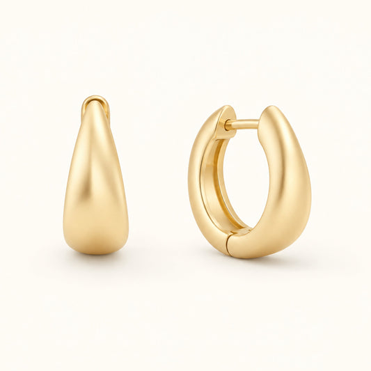 Gold-filled teardrop hoop earrings with hinged post, glossy teardrop drop profile