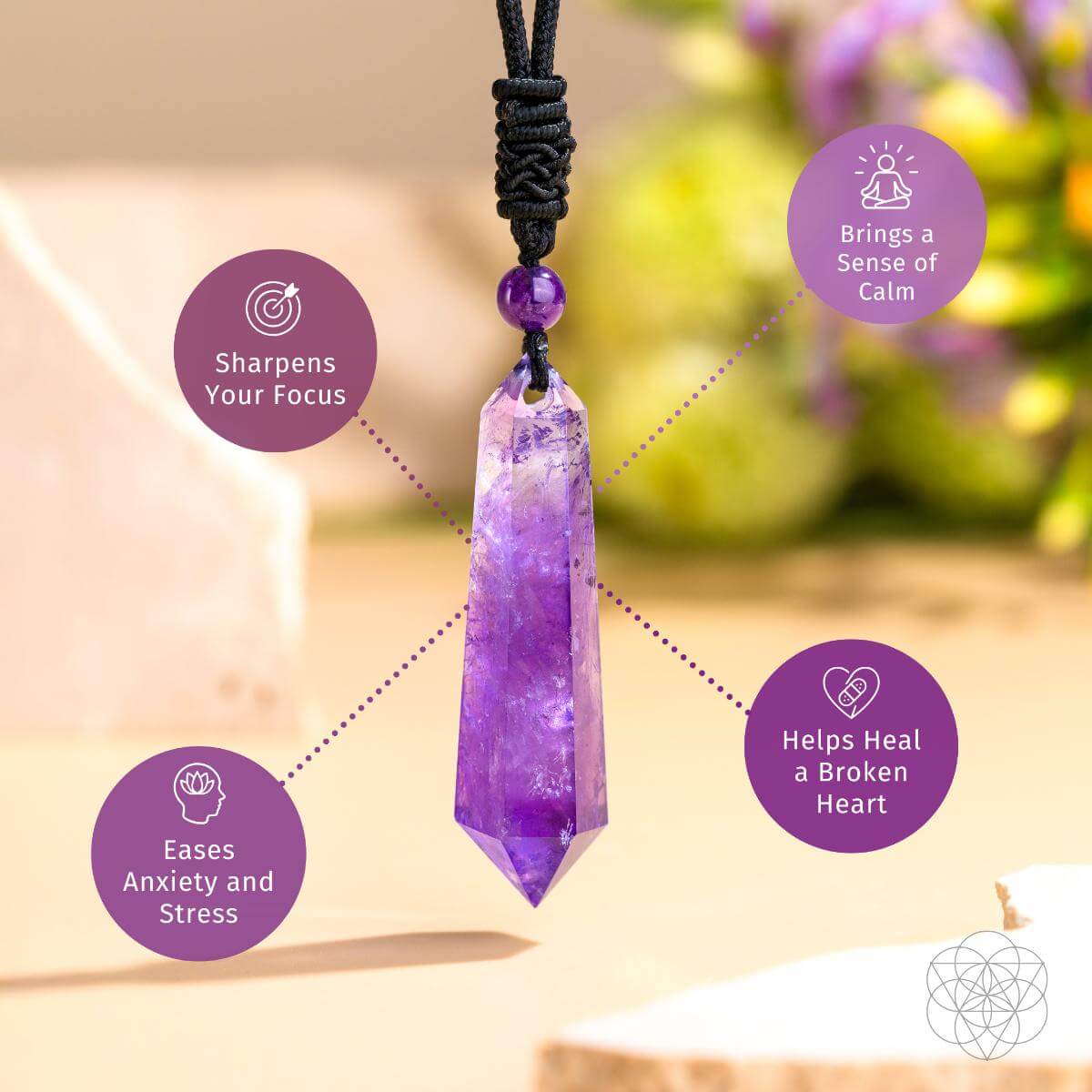 Amethyst crystal point pendant necklace on black cord