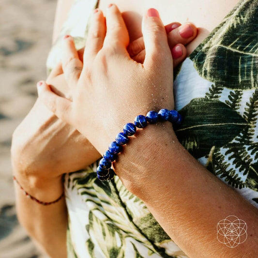 Round blue lapis lazuli bead bracelet on two wrists