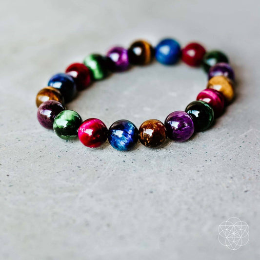 Colorful bead bracelet with multicolored round stone-like beads and elastic stretch fit
