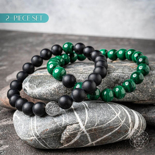 Double beaded bracelet set with matte black and green stone beads, flower charm details