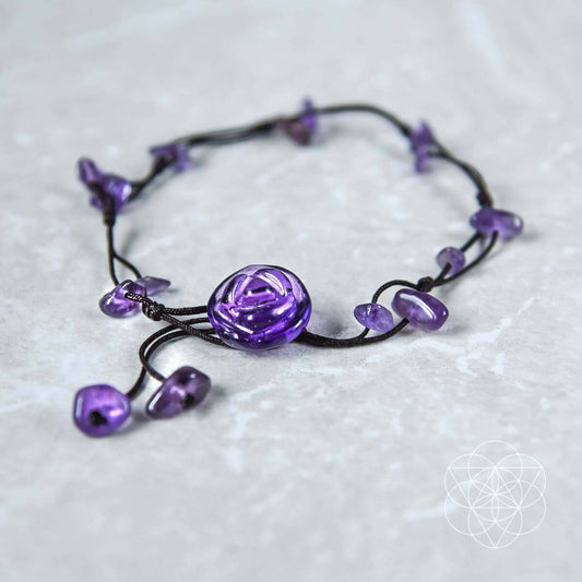 Amethyst stone beaded anklet with purple round charm and dangling bead accents