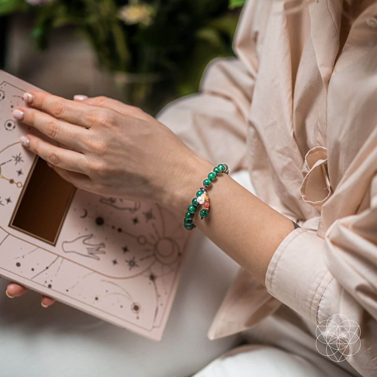 Green beaded bracelet with dangling charm clusters, pearl-like bead, and pink accents