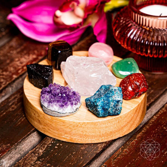 Gemstone energy lamp wooden base with rose quartz, amethyst, tiger eye, and green stone