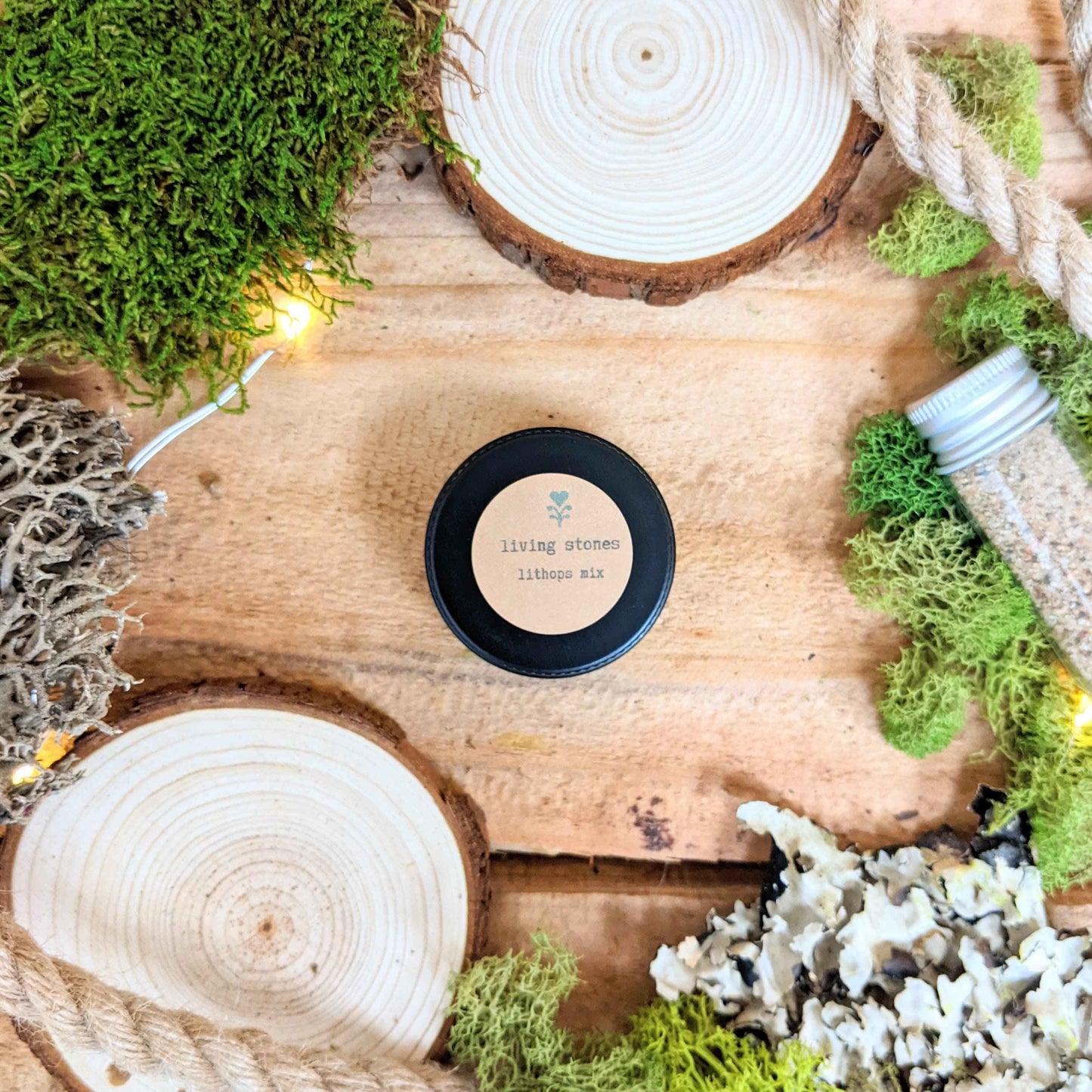 Round living stones seed container with kraft label and icon