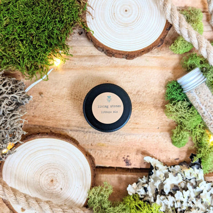 Round living stones seed container with kraft label and icon