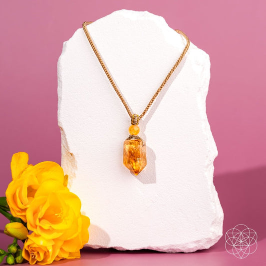 Gold chain citrine crystal pendant with amber teardrop stone