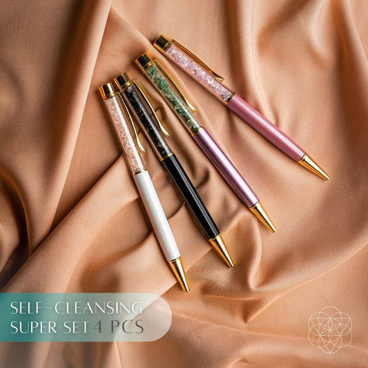 Self-cleansing crystal pen set: multiple crystal pens with gold caps and colored barrels