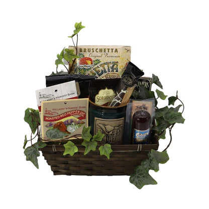 Gift basket with wrapped food items, bottle, and seasoning packs inside a wicker basket