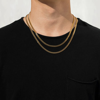 Gold Miami Cuban link chain necklace set, 4.5 mm, 18K gold PVD, stacked on neck