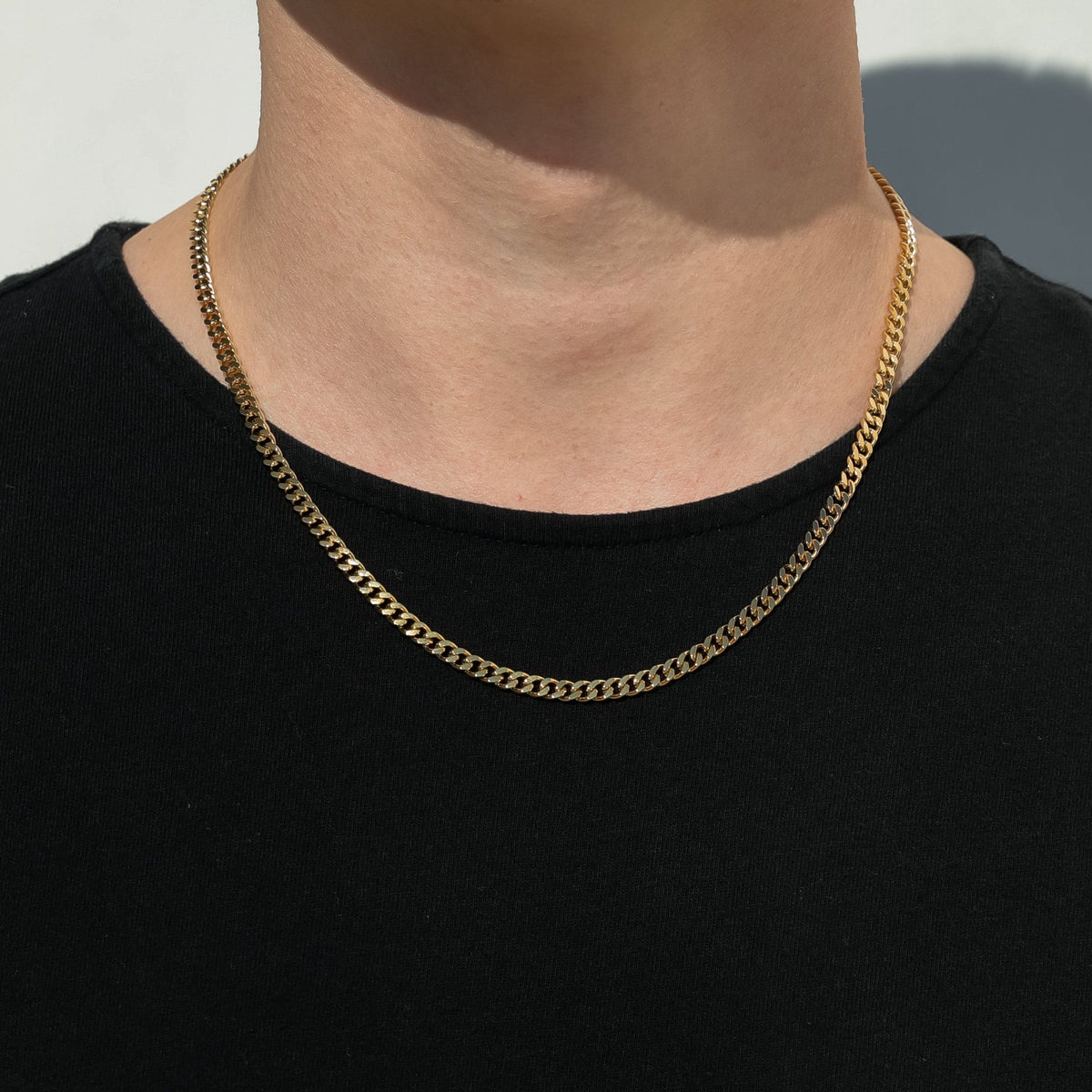 Gold Miami Cuban link chain necklace, 4.5 mm, 18K gold PVD, worn on neck