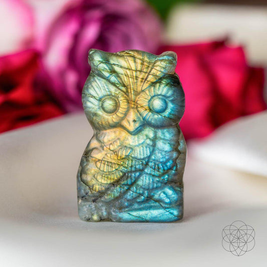 Labradorite owl talisman with blue-and-green iridescent carved face detail
