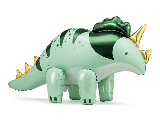 Standing triceratops foil balloon in light green and dark green with gold horns