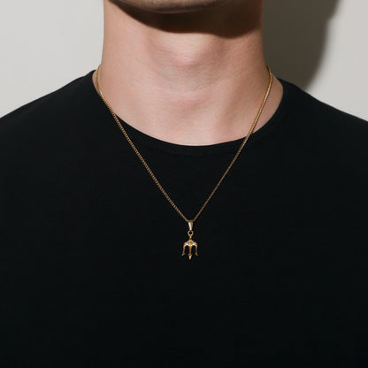 Gold trident pendant necklace with long chain and center drop